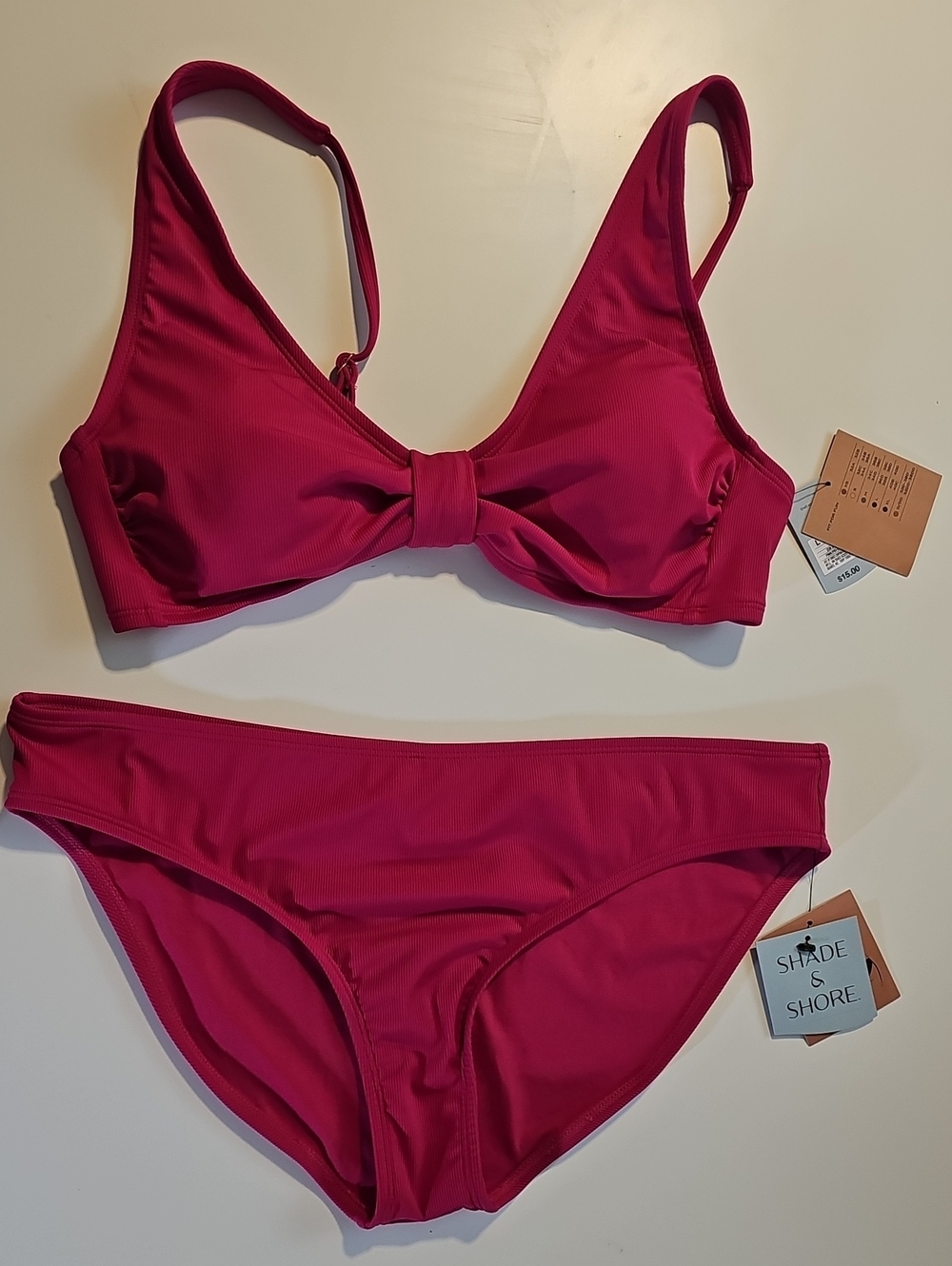 Shade & Shore Women's L Fuchsia Ribbed Bikini Set with Knot-Front Top